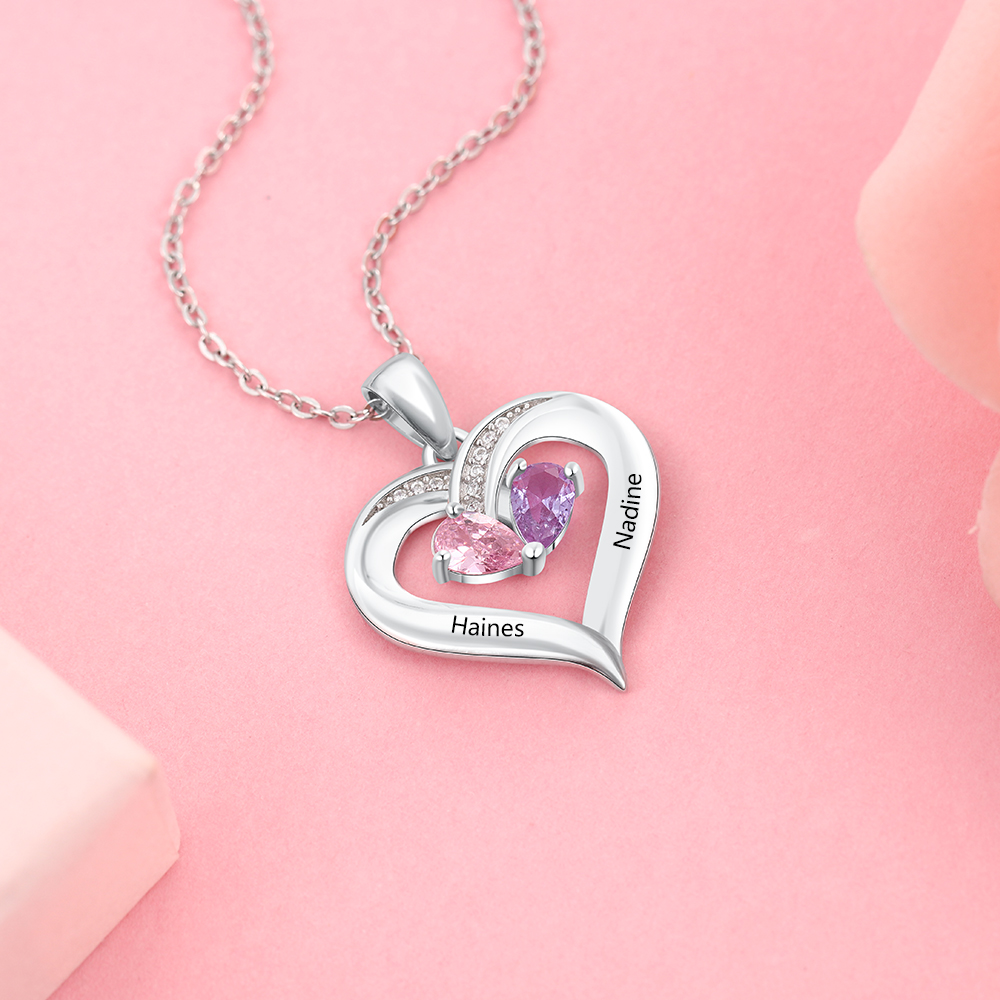 Personalised Heart Mother Necklace With 2 Birthstones Engraved Names Gifts For Her-Jessemade AU