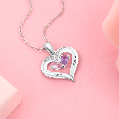 Personalised Heart Mother Necklace With 2 Birthstones Engraved Names Gifts For Her-Jessemade AU