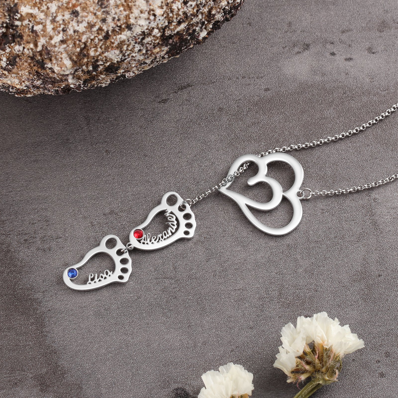 Personalised Baby Foot Necklace With Birthstones Custom 2 Names Necklace Gift For Mother-Jessemade AU