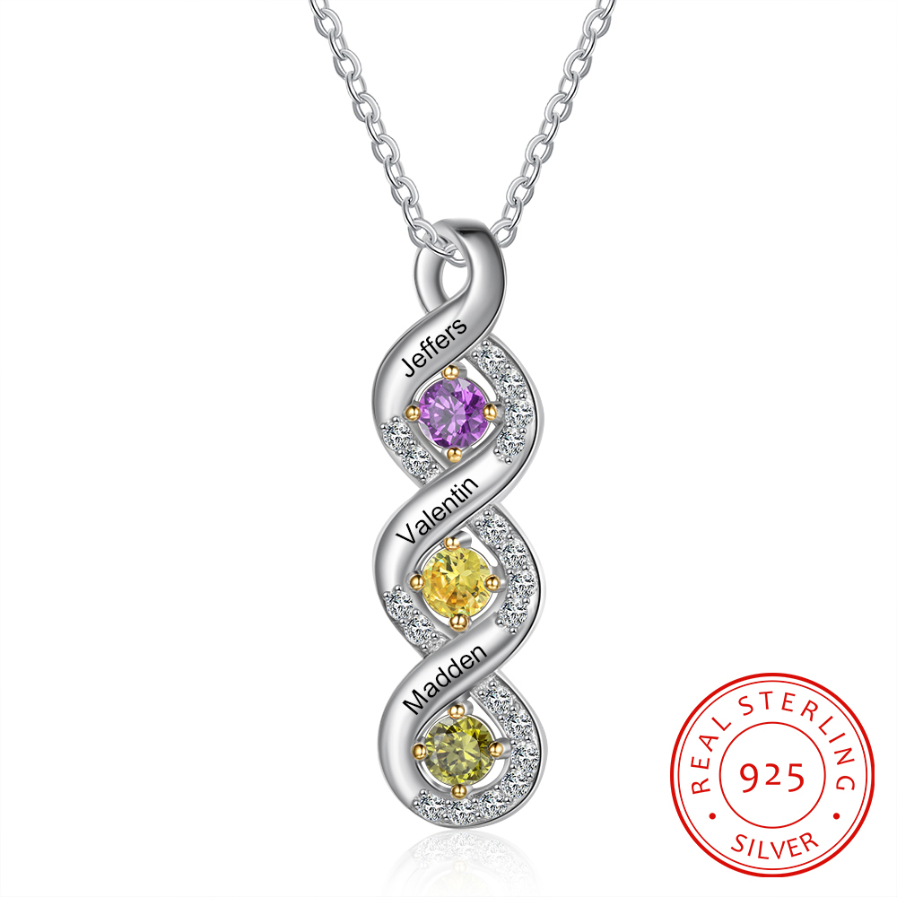 Personalised DNA Necklace With 3 Birthstones Engraved Names Gift For Women-Jessemade AU