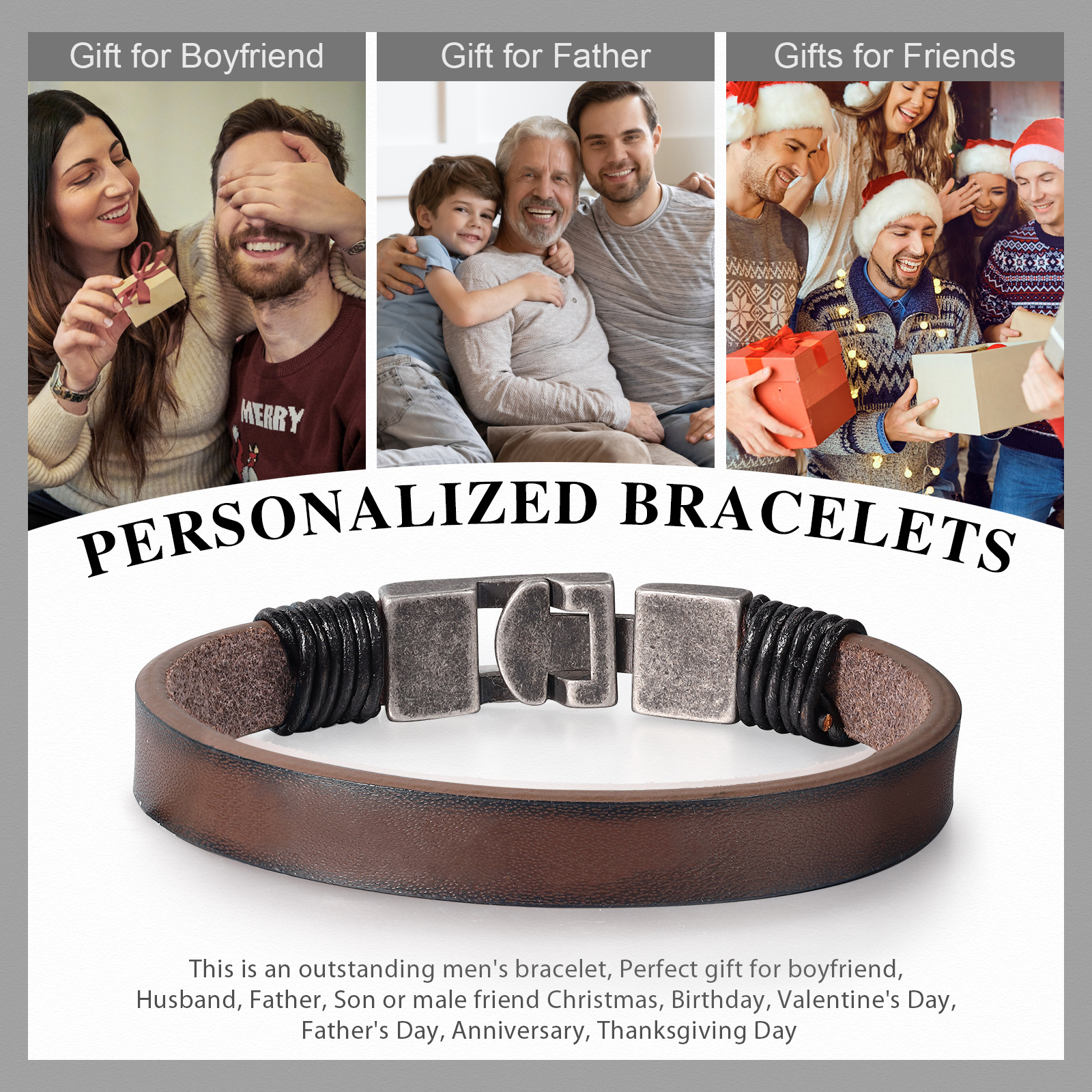 Vintage Men's Leather Bracelet Engraved Text Bracelet Personalised Gift for Him-Jessemade AU