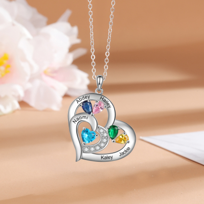 Personalised Heart Necklace With 5 Birthstones Engraved Names Gift For Her-Jessemade AU