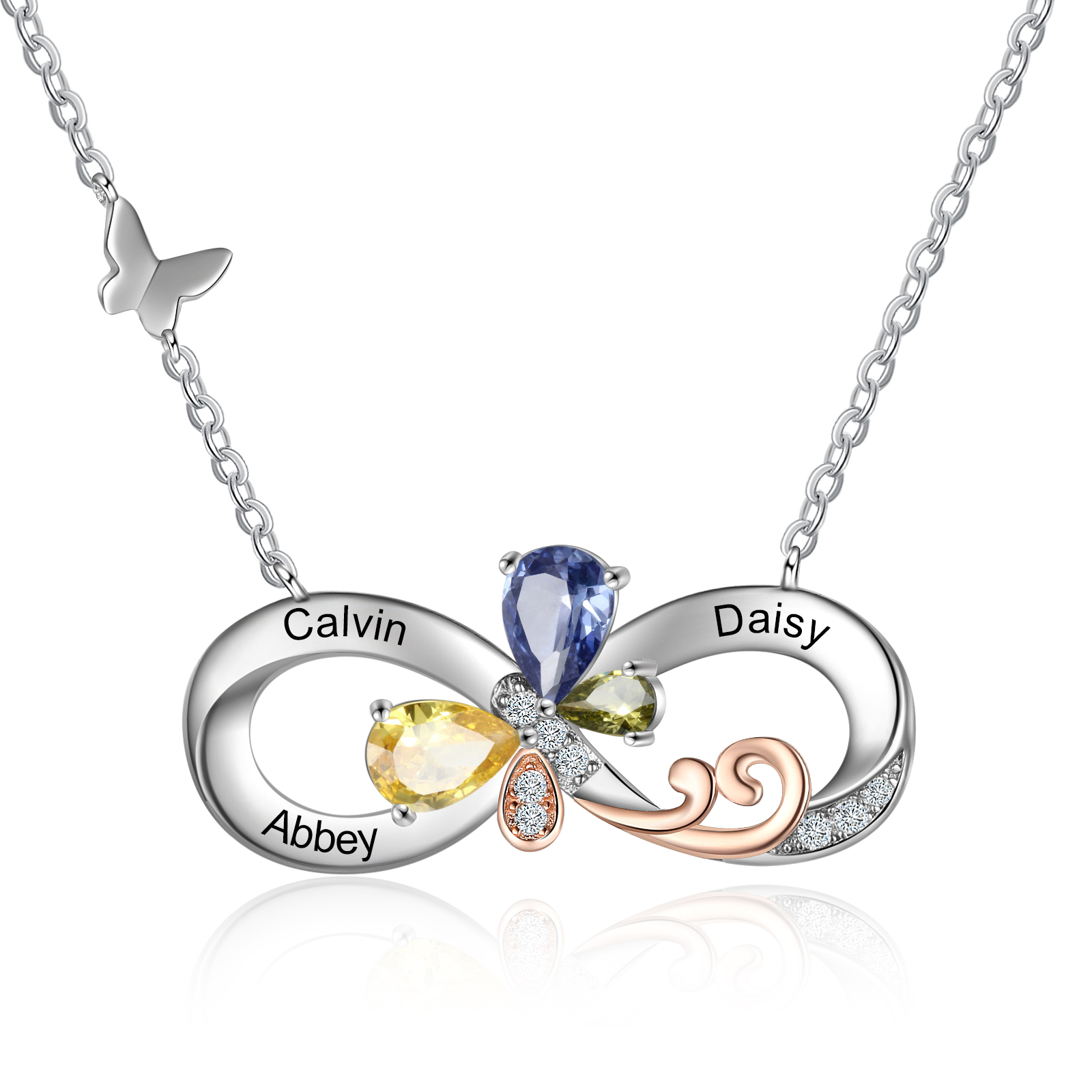 Personalised Infinity Butterfly Necklace With 3 Birthstones Engraved Names Gift For Women-Jessemade AU
