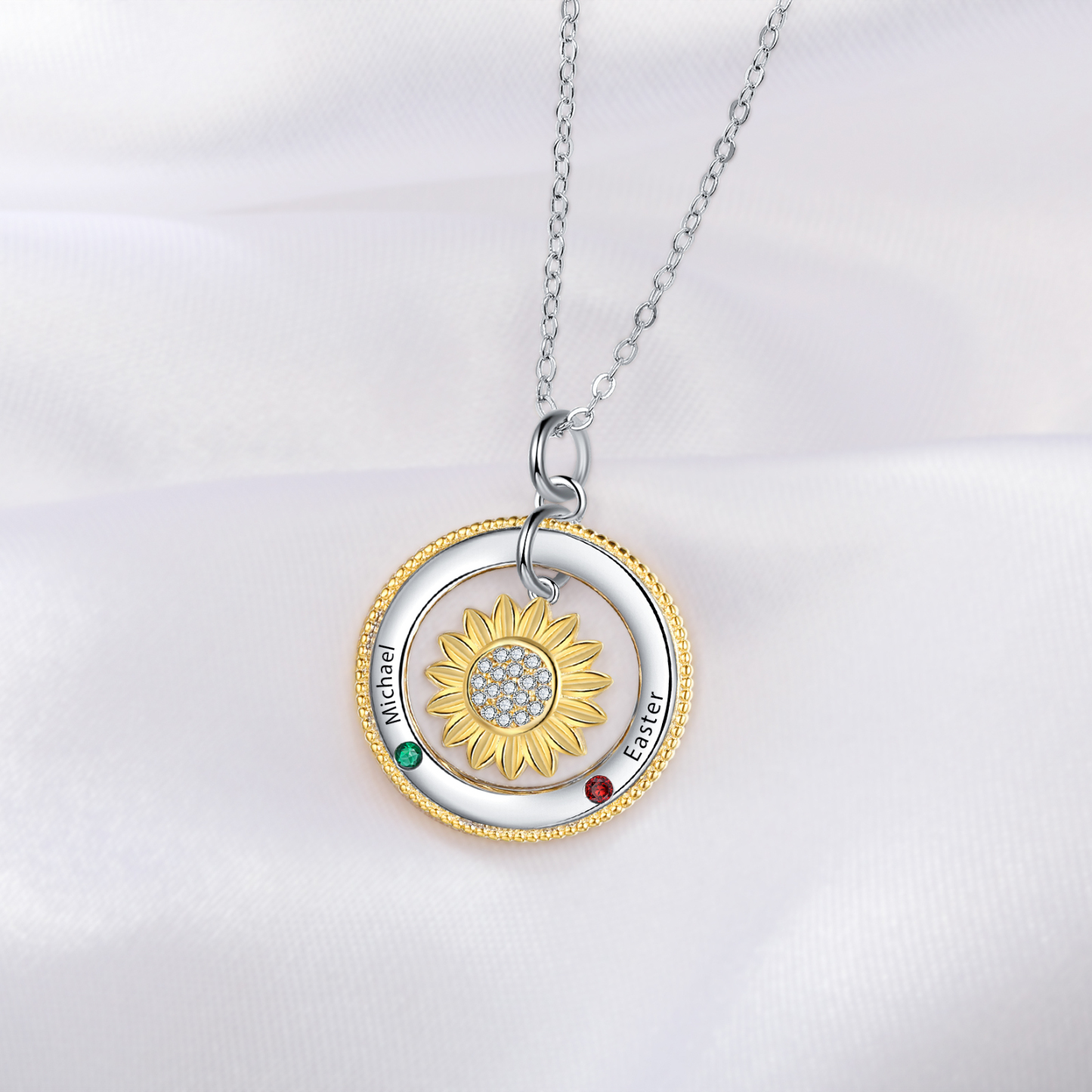 Personalised Sunflower Necklace With 2 Birthstones Engraved Names Necklace Gift For Women-Jessemade AU
