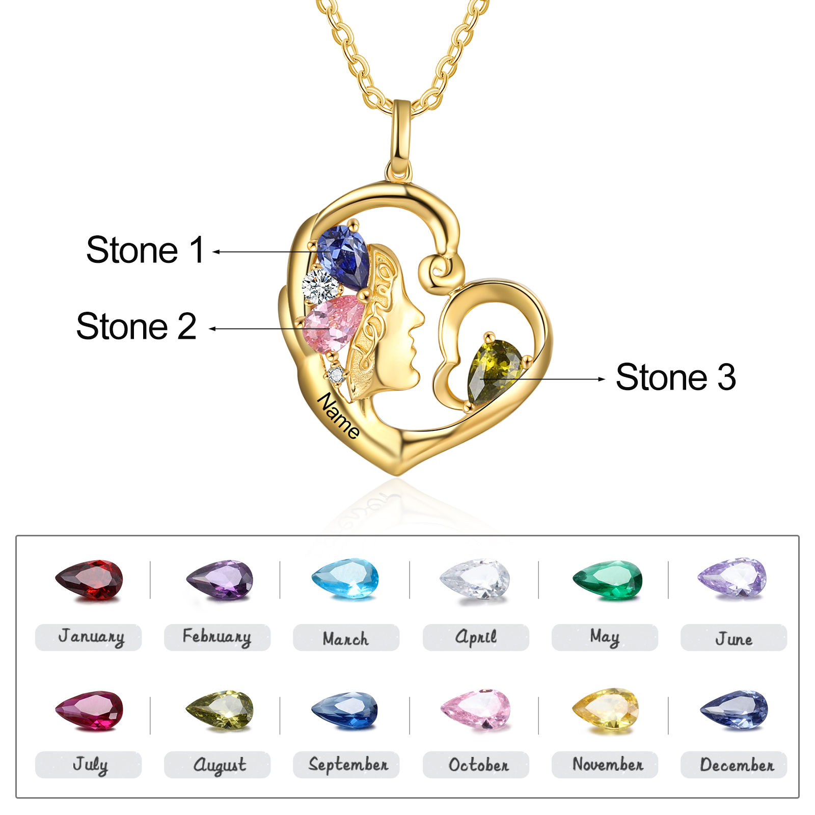 Personalised 1 Name Heart Charm Women's Necklace With 3 Birthstones-Jessemade AU