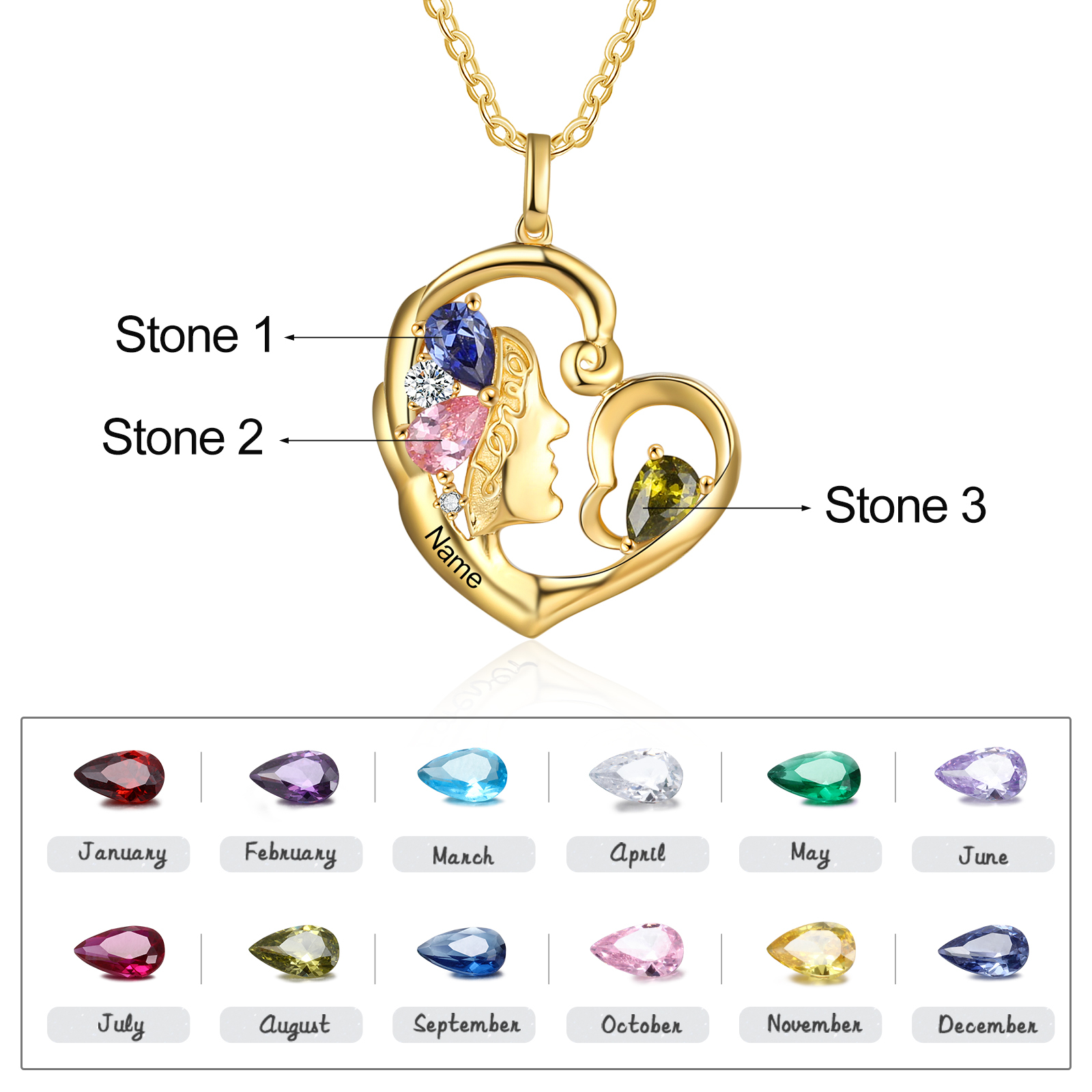 Personalised 1 Name Heart Charm Women's Necklace With 3 Birthstones-Jessemade AU