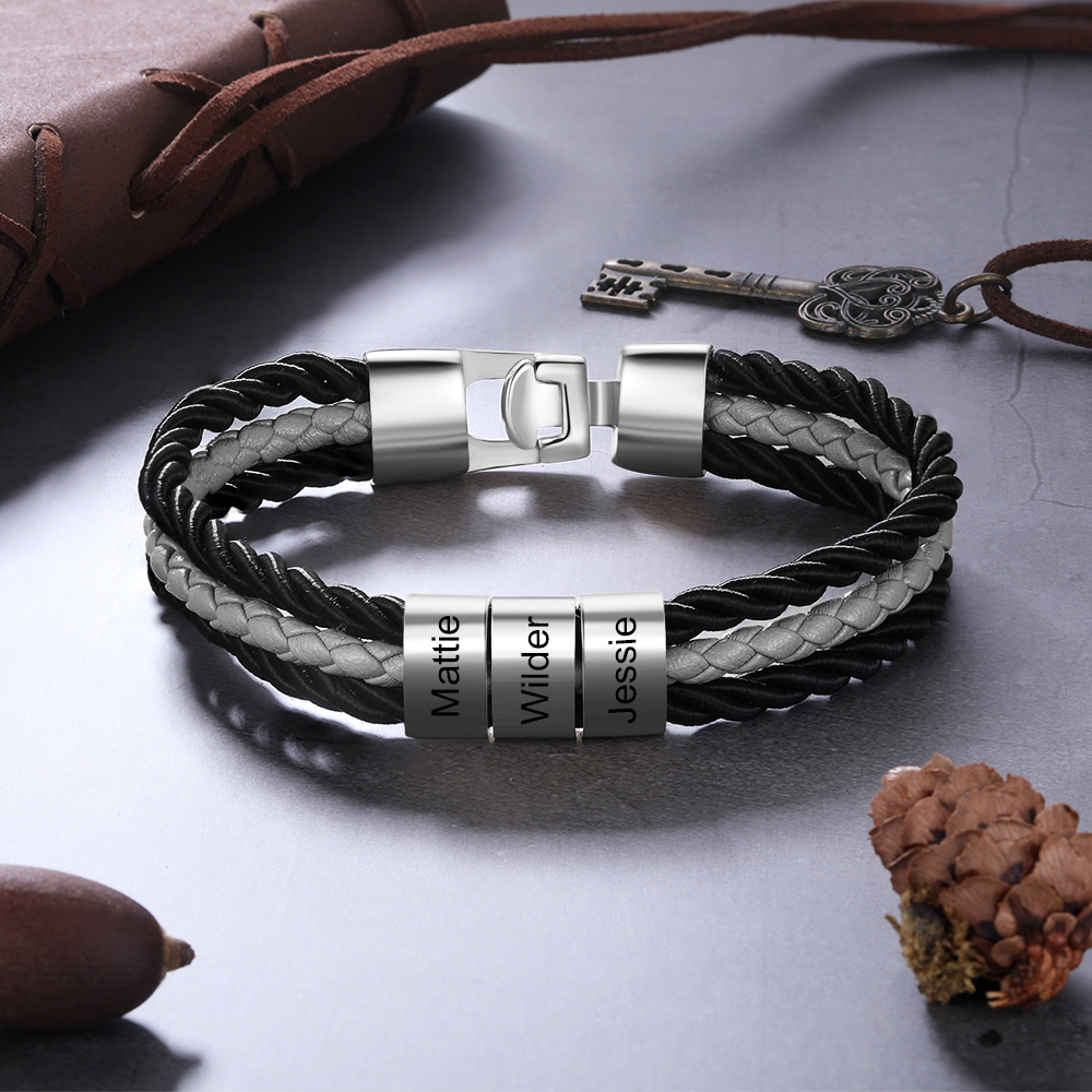 Mens Leather Bracelet Braided Layered Leather with 3 Beads Silver and Gold-Jessemade AU