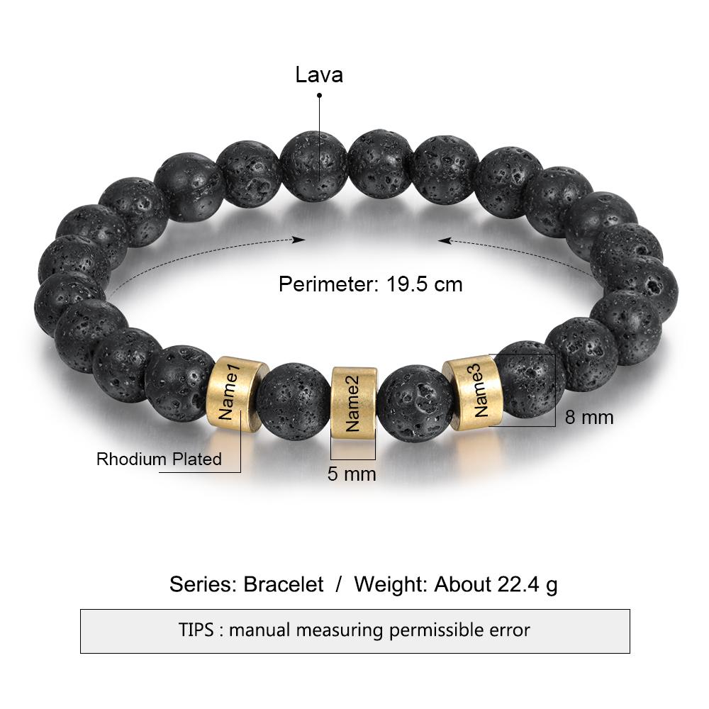 Black Lava Rock Beaded Bracelet Men Bracelet Custom 3 Names Gift for Dad-Jessemade AU