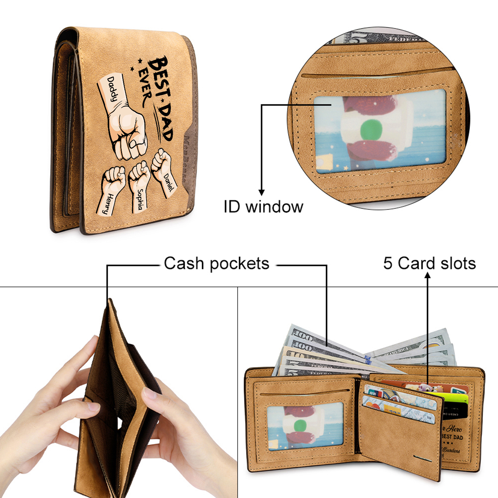 Best Dad Ever - Custom 4 Names & 1 Text Billfold Wallet Personalised Fist Bump Men's Leather Wallet