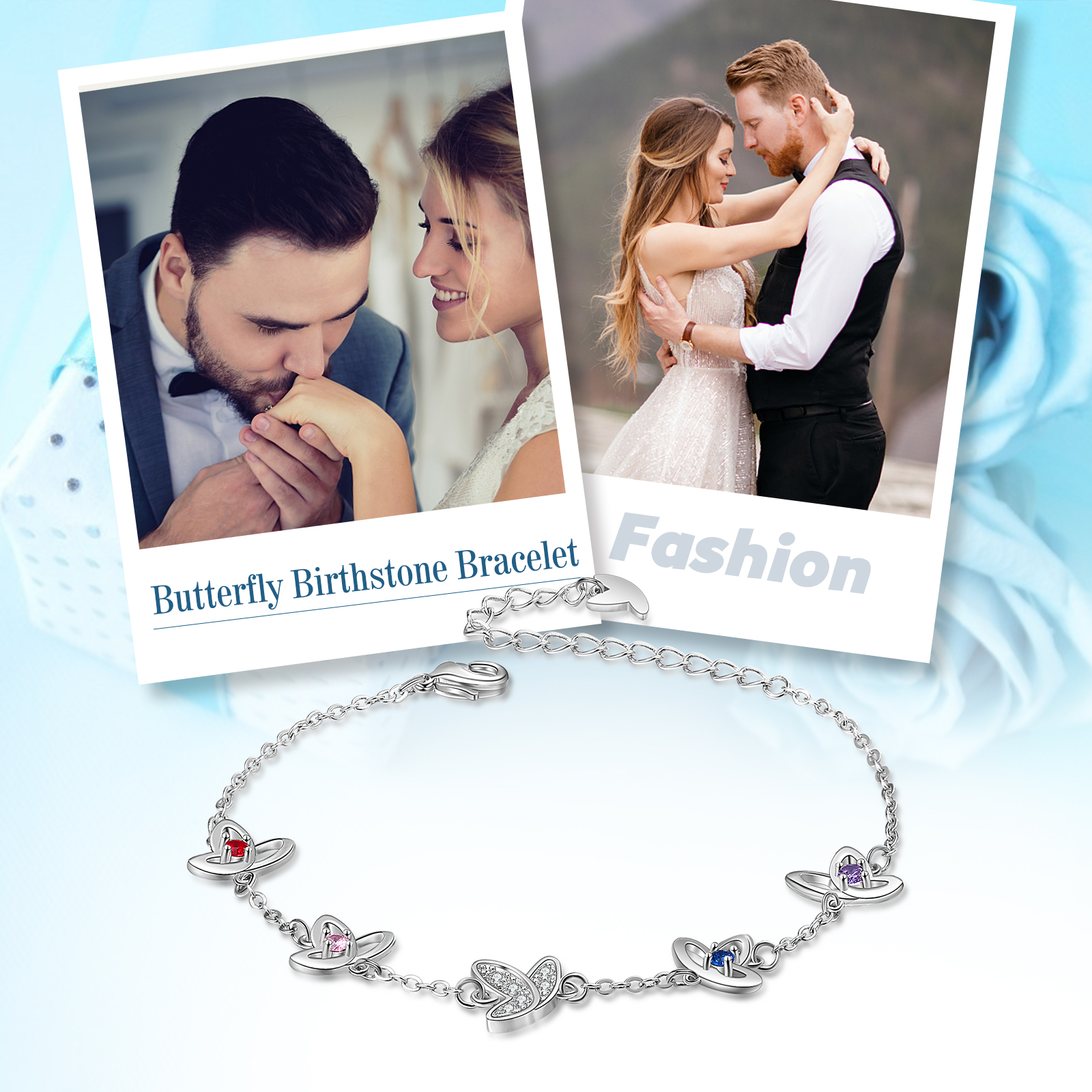 Personalised Butterfly Bracelet with 4 Birthstones Engraved Names Best Gift For Her-Jessemade AU