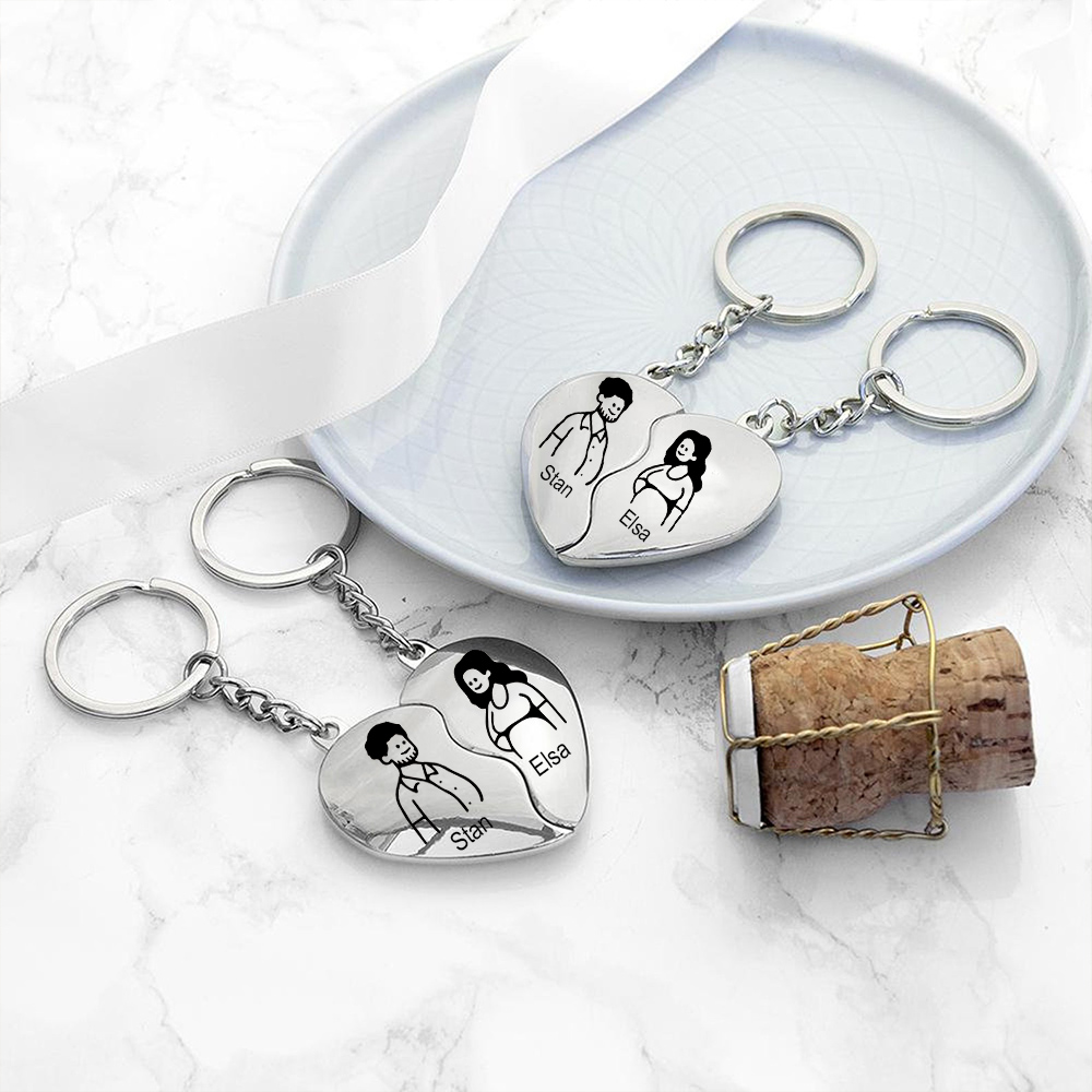 Personalised Couple Heart Keychain Set Custom 2 Names Matching Couple Keyring Valentine's Day Gifts For Couples-Jessemade AU