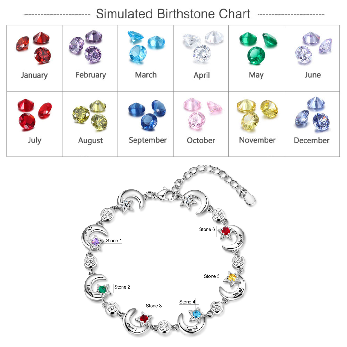 Personalised Moons And Stars Bracelet With 6 Birthstones Custom Names Bracelet Gift For Women-Jessemade AU