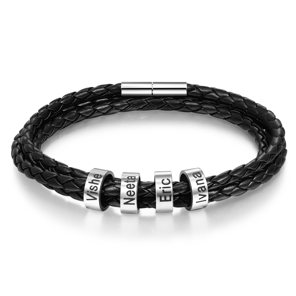Braided Leather Personalised Name 4 Beads Men's Bracelets Gifts For Him Best Gift For Dad