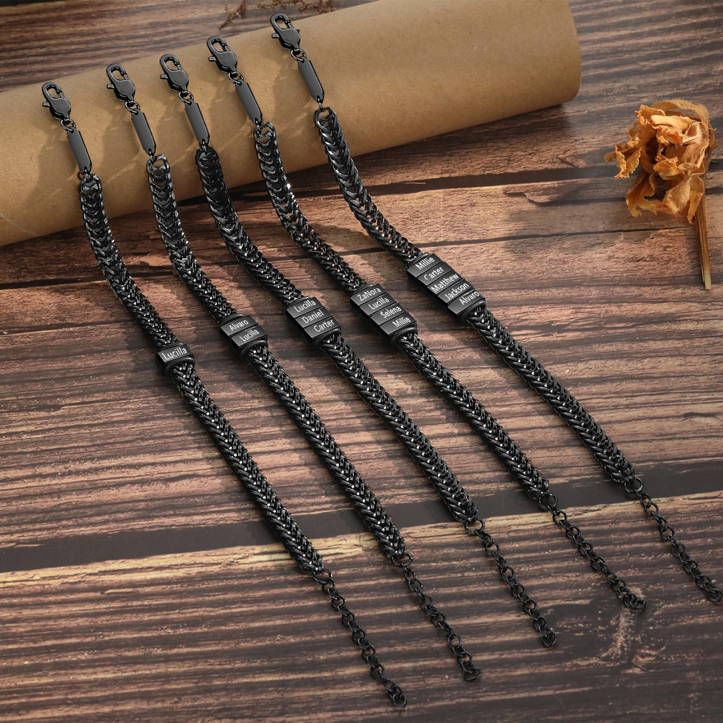 Personalised Men's Beaded Bracelet Custom 4 Names Adjustable Bracelets Stainless Steel Gifts for Him-Jessemade AU