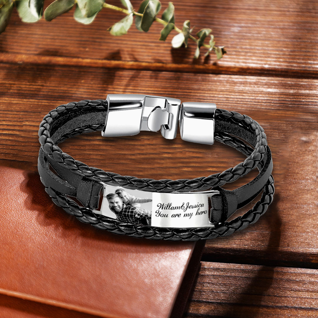 Personalised Braided Leather Bracelet Custom 1 Photo & 2 Texts Fathers Day Gift for Dad-Jessemade AU