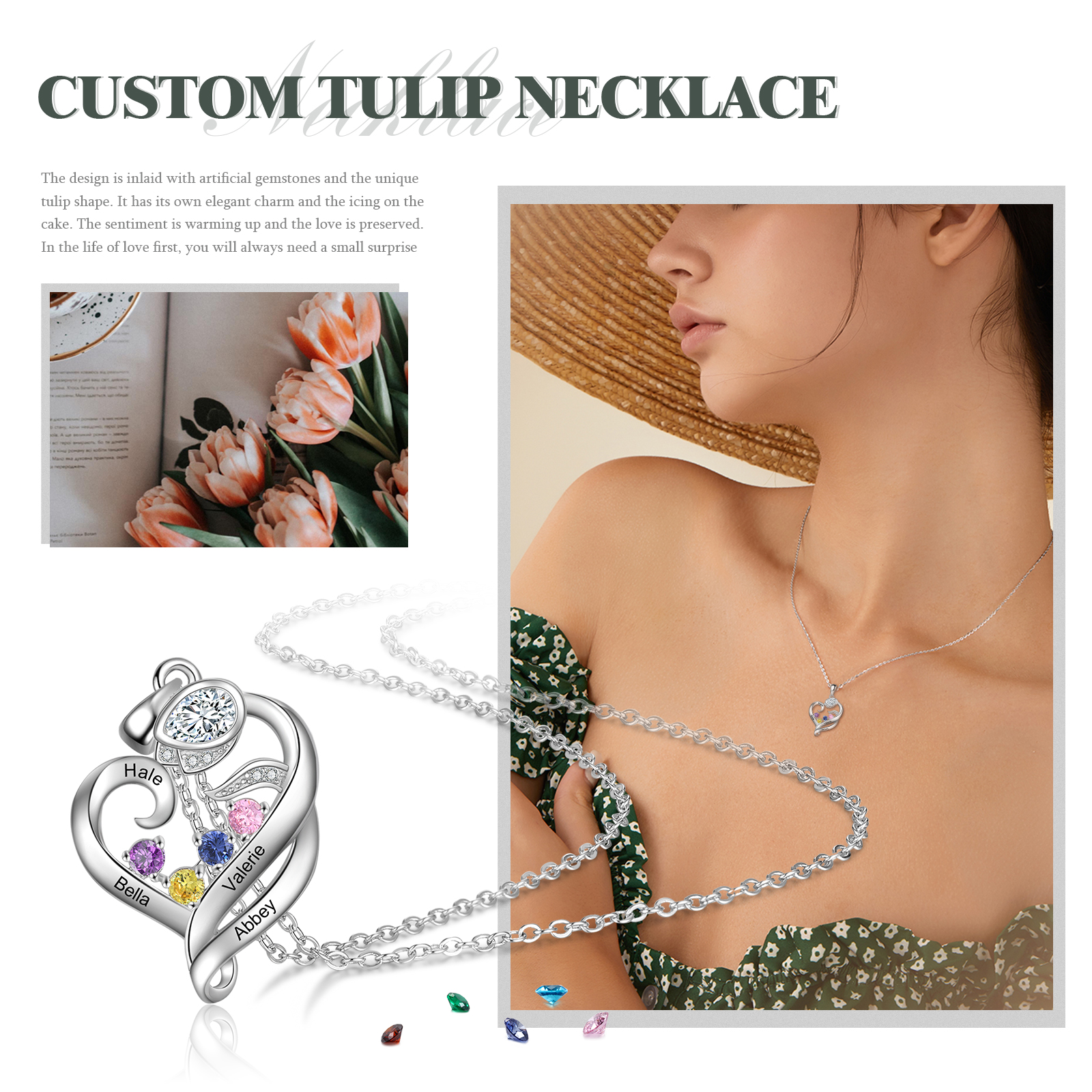 Personalised Flower Heart Necklace With 4 Birthstones Custom Names Necklace Gift For Her-Jessemade AU