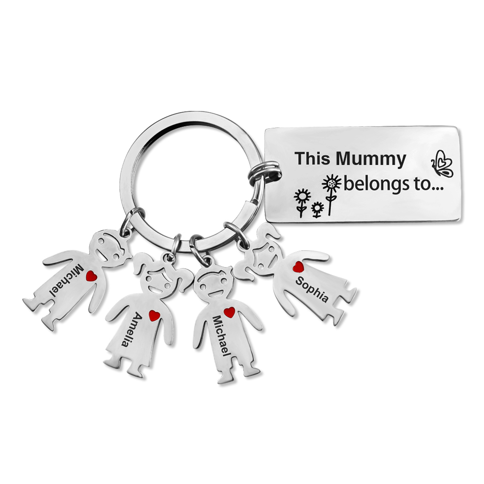 Personalised Family Keychain with 4 Kid Charms Engrave Names-Jessemade AU