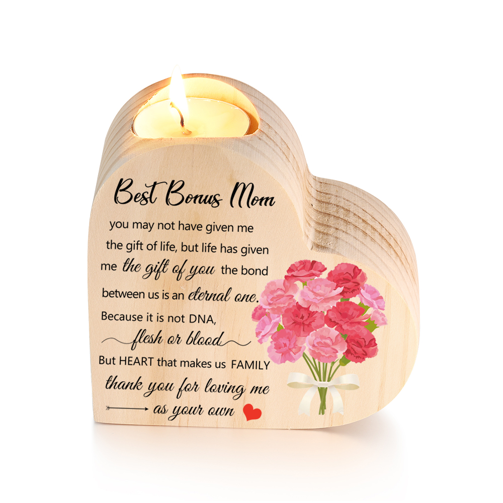 To My Mom Heart Candle Holder Wooden Candlestick Mothers Gifts-Thank you for loving me as your own-Jessemade AU