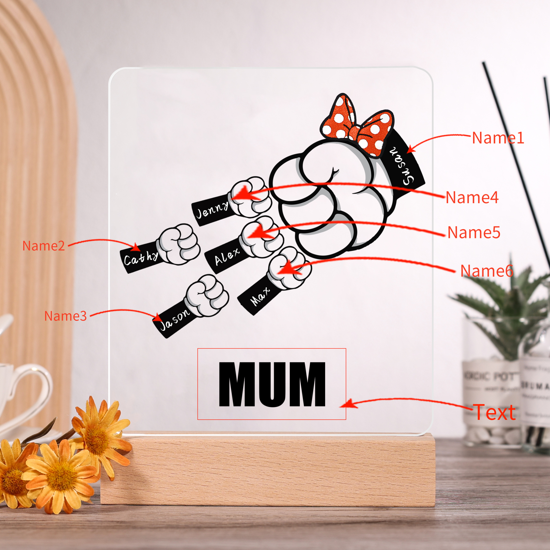 6 Names - Personalised Acrylic Night Light Custom Names & Text Fist Bump LED Lamp Gifts for Family-Jessemade AU