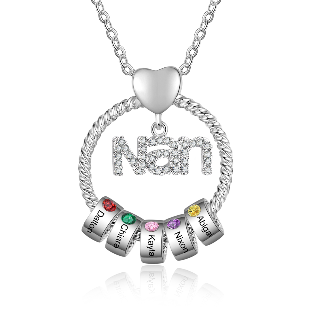 5 Names - Personalised Nan Necklace Custom Names & Birthstones Circle Pendant Necklace Gift for Grandma Nanna