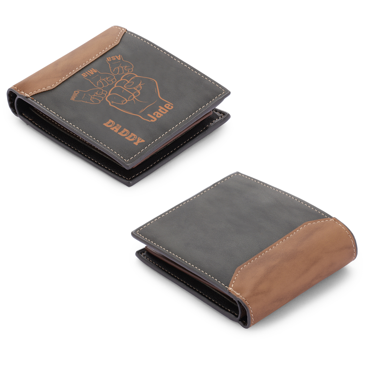 Personalised Men's Leather Wallet with 2–9 Names and 1 Text Billfold Wallet Fist Bump Gift for Dad/Grandpa | Jessemade-Jessemade AU