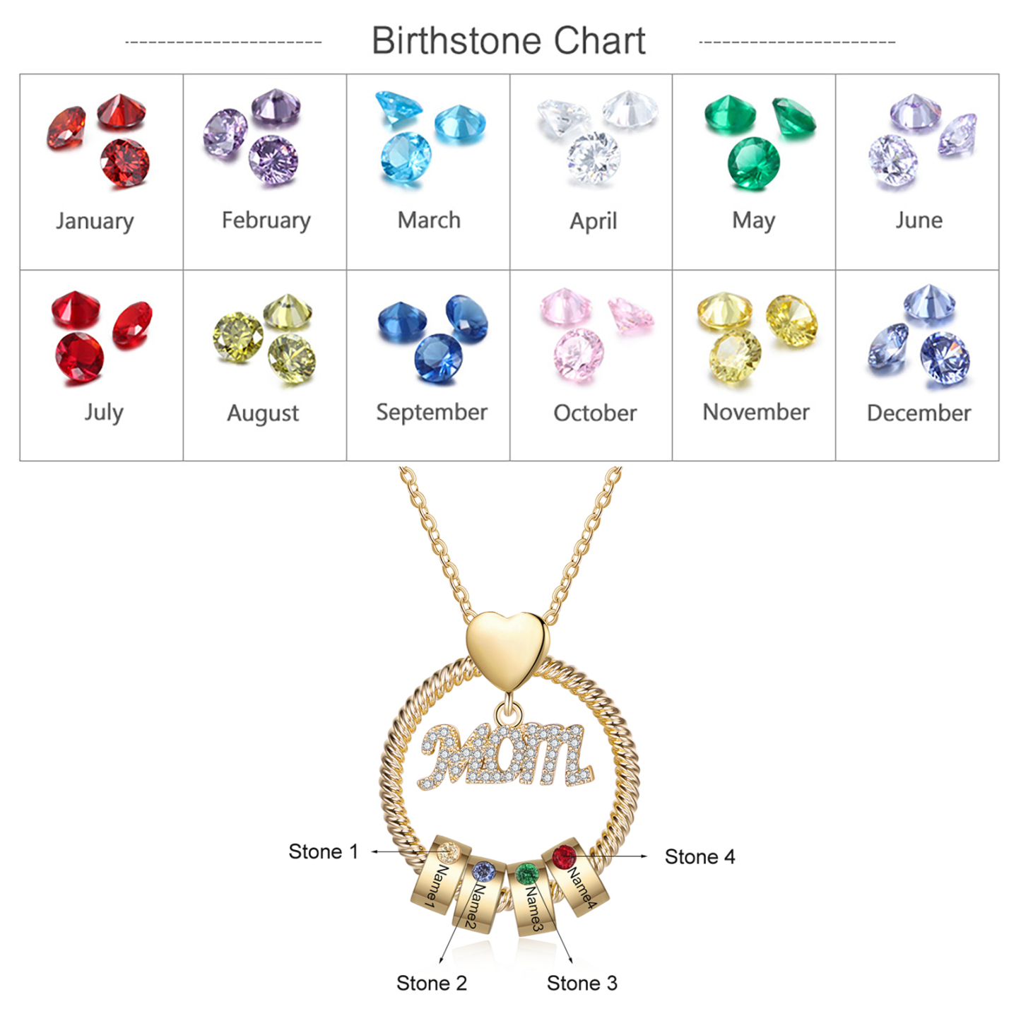 Personalised Necklace With 4 Birthstones Engraved Names Gift For Mother-Jessemade AU