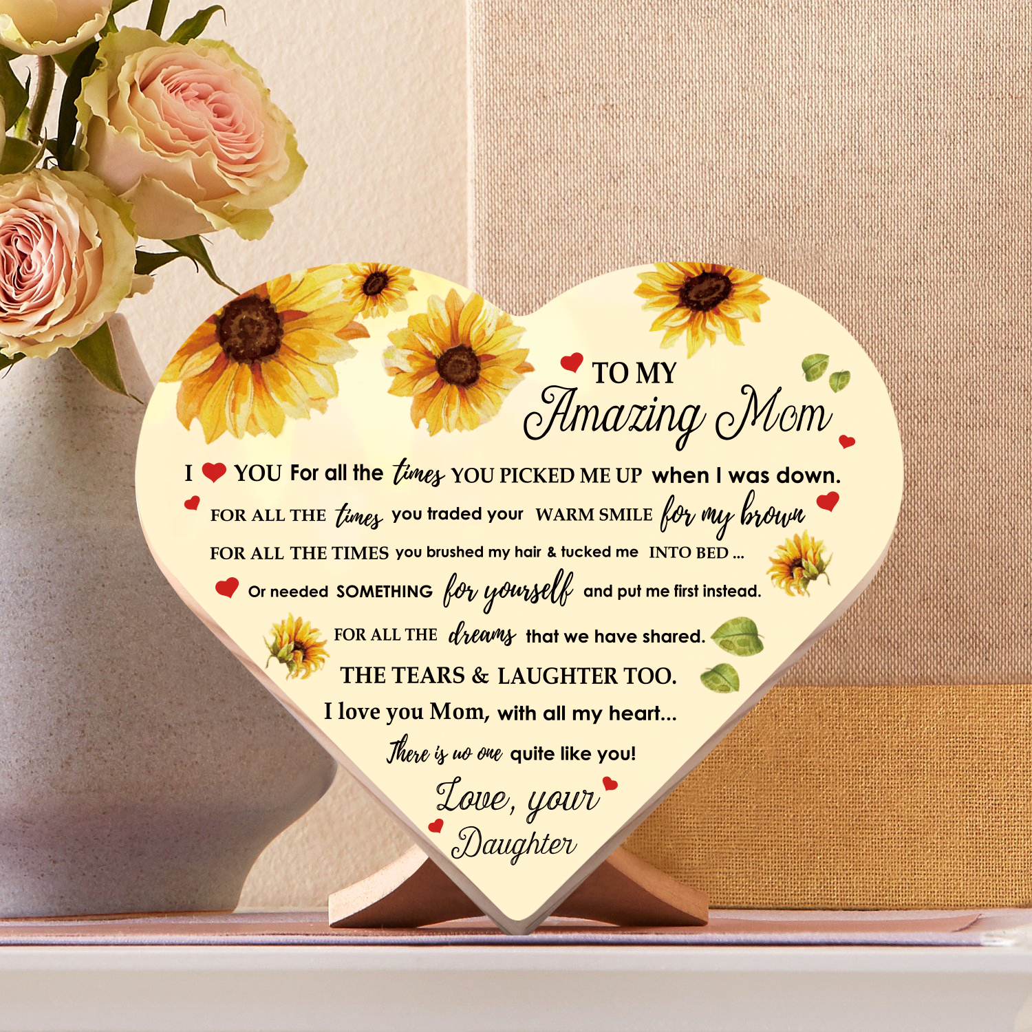 To My Amazing Mom I ❤️ U Wooden Flowers Heart Keepsake Desktop Ornament Mothers Gifts-Jessemade AU