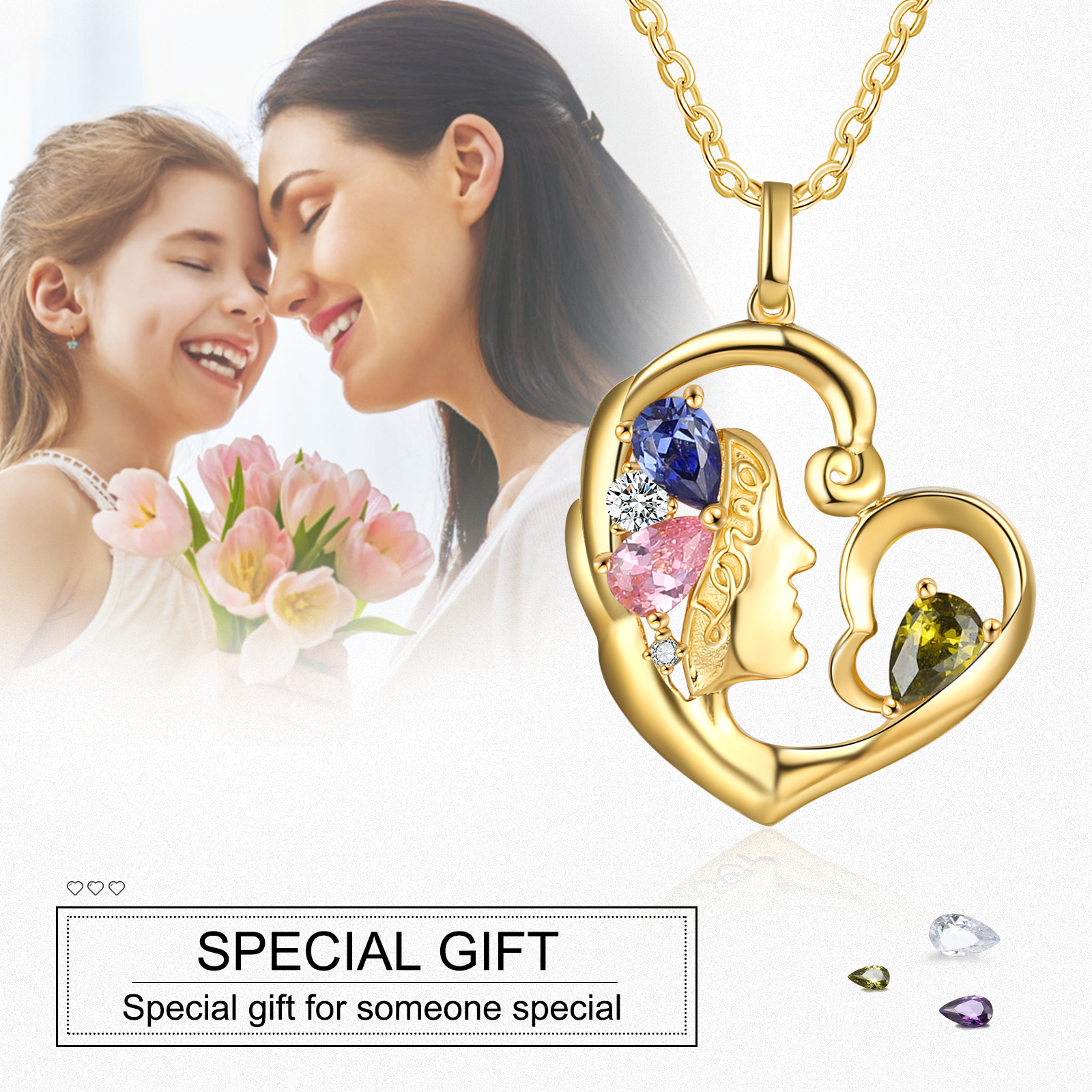 Personalised 1 Name Heart Charm Women's Necklace With 3 Birthstones-Jessemade AU