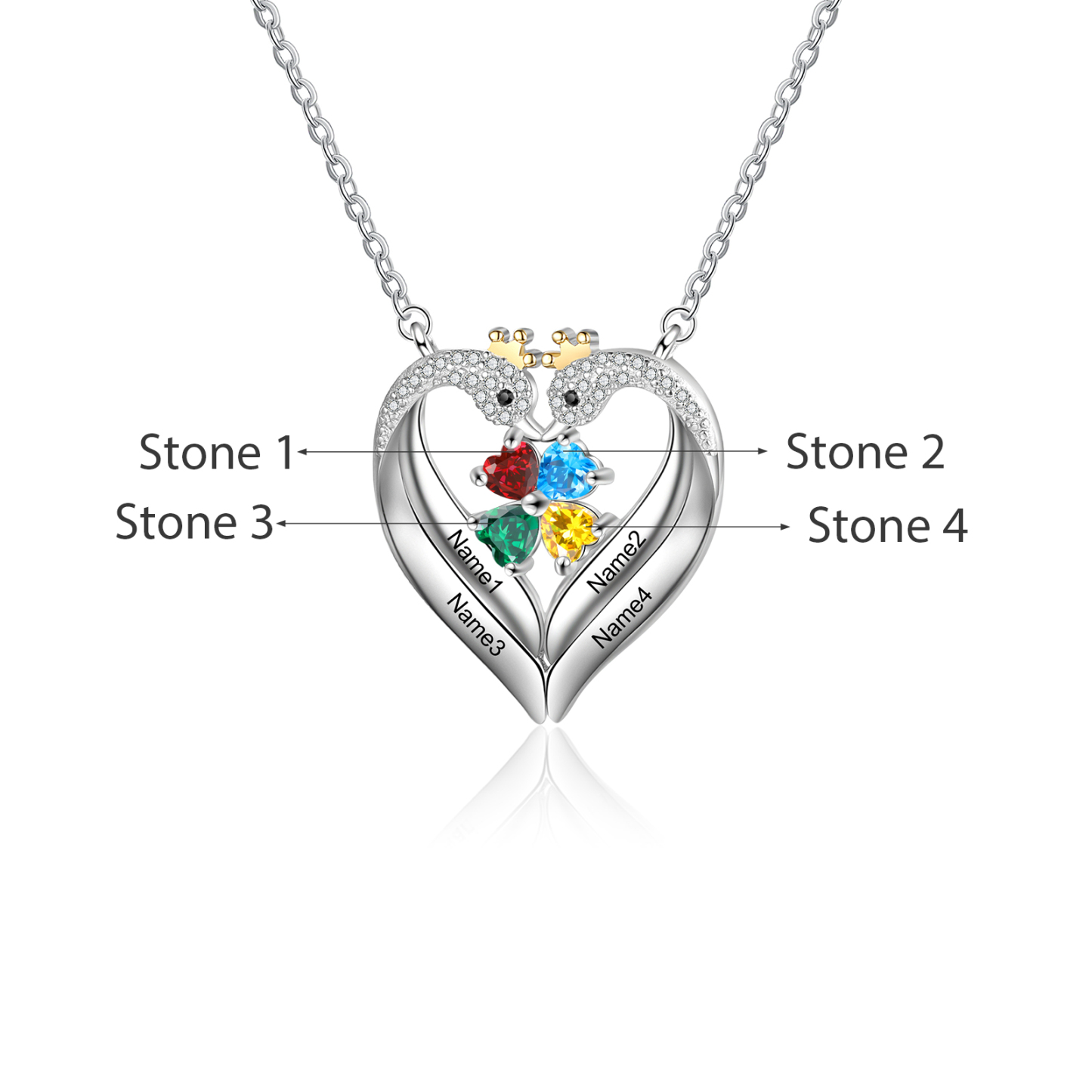 Personalised Heart Swan Necklace With 4 Birthstones Engraved Names Necklace Gifts For Her-Jessemade AU