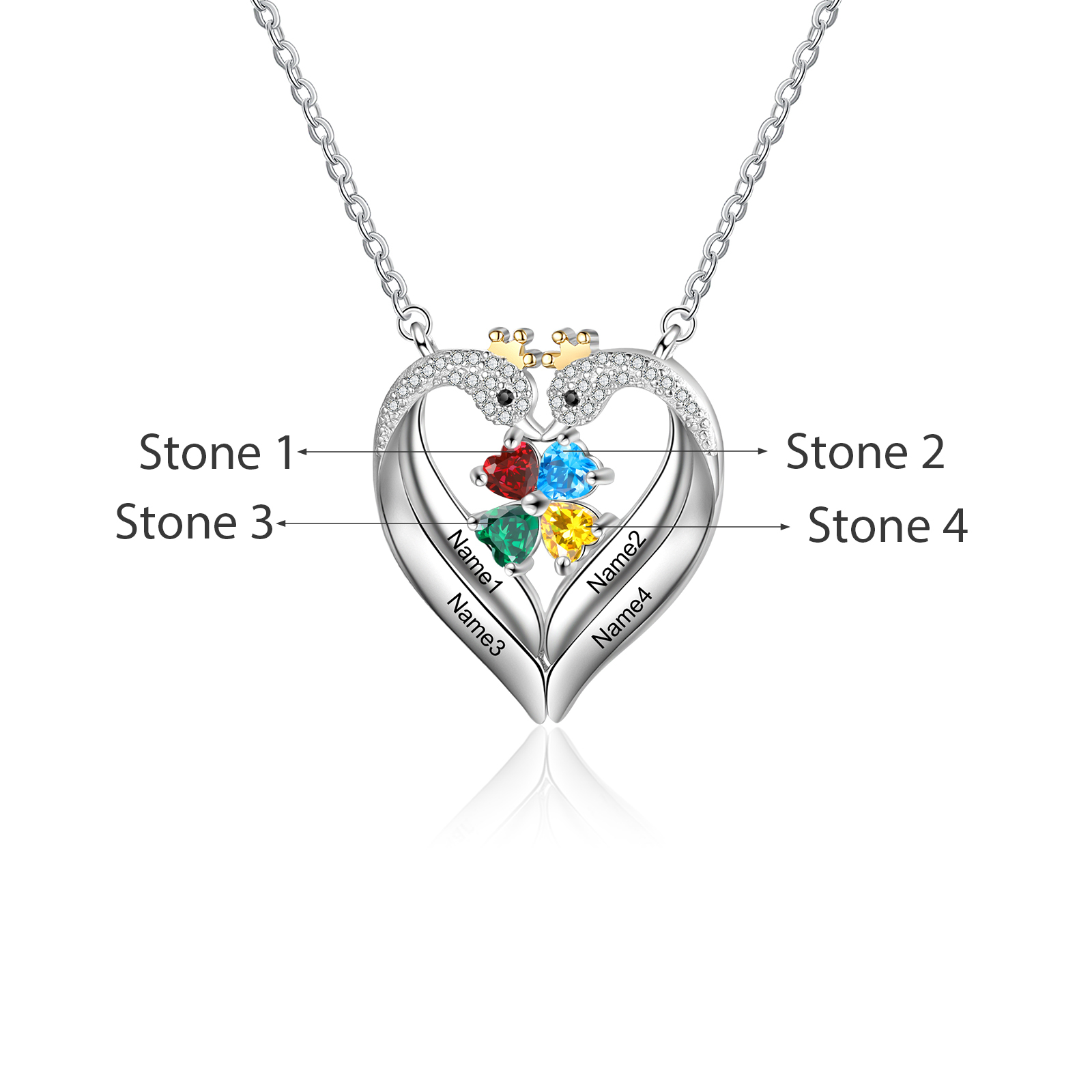 Personalised Heart Swan Necklace With 4 Birthstones Engraved Names Necklace Gifts For Her-Jessemade AU