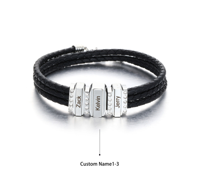 Mens Leather Bracelet with Customised Beads Personalised Three Layer Bracelet Engraved 3 Names-Jessemade AU
