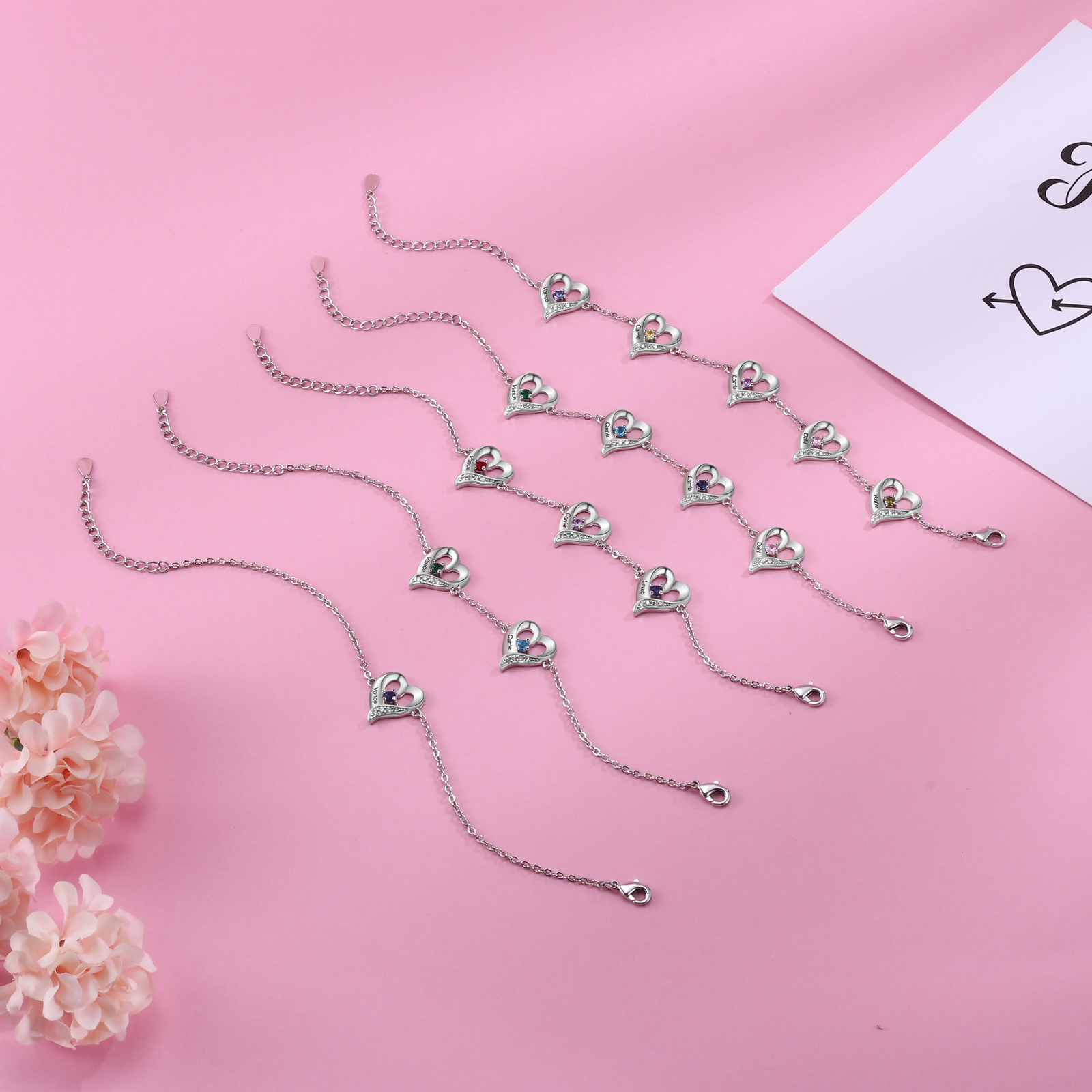 3 Names - Personalised Heart Bracelet Gift Set With Gift Box Custom Name & Birthstone Bracelet Gift For Her-Jessemade AU