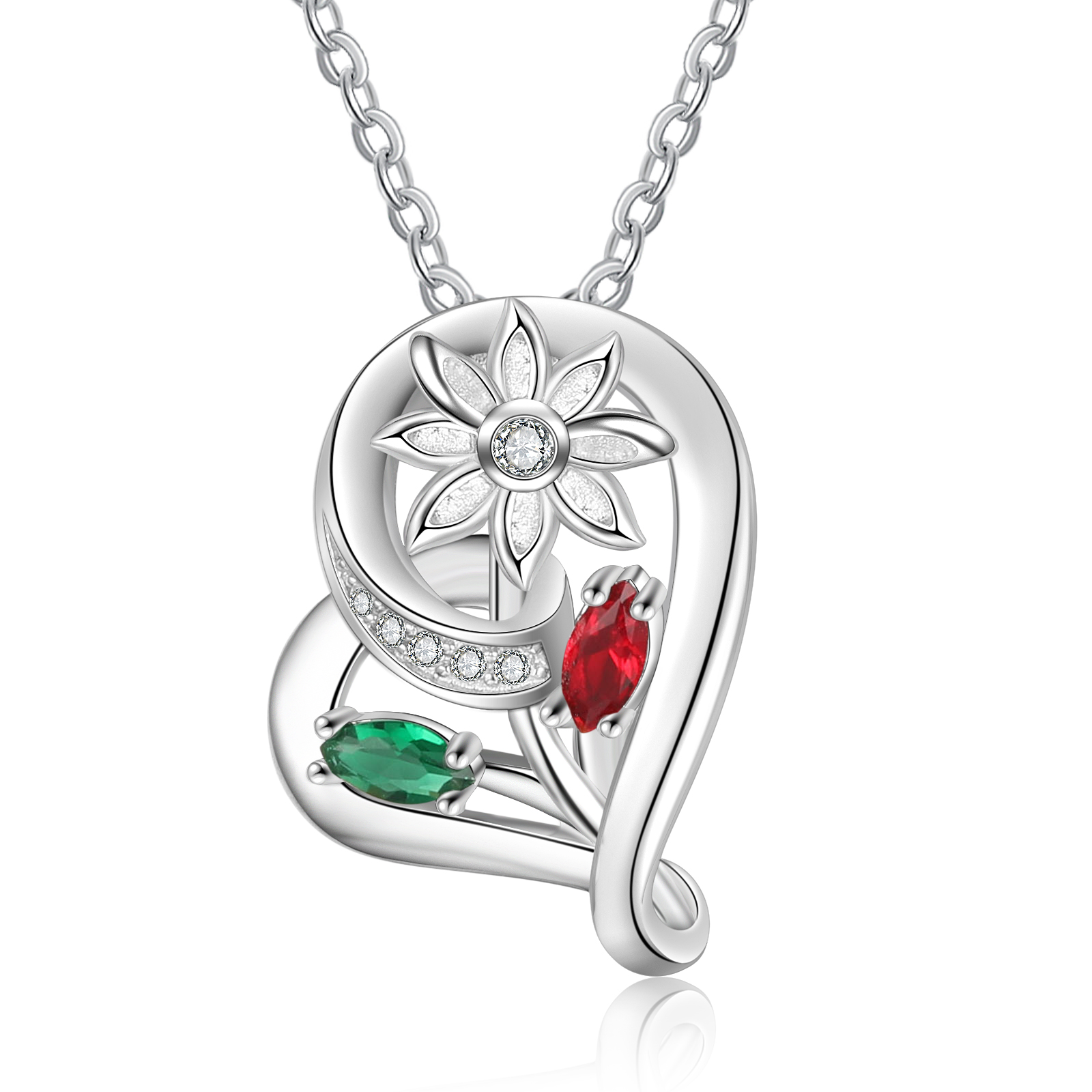 Personalised Heart Flower Necklace With 2 Birthstone Engraved Names Gift For Her-Jessemade AU