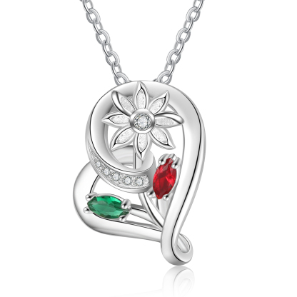 Personalised Heart Flower Necklace With 2 Birthstone Engraved Names Gift For Her-Jessemade AU