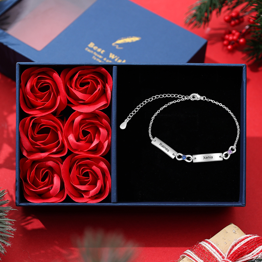 Personalised Bracelet With 2 Birthstones Engraved Names Bracelet Gift For Women-Jessemade AU