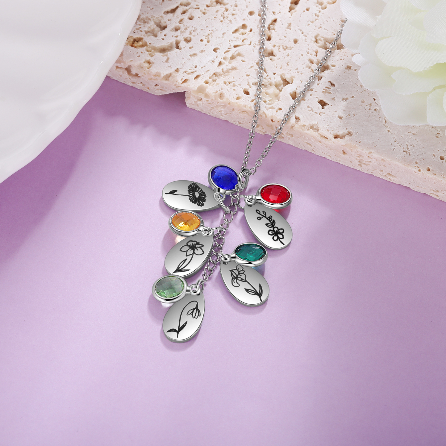 Personalised BirthFlowers Necklace With 5 Birthstones Best Gift For Women-Jessemade AU