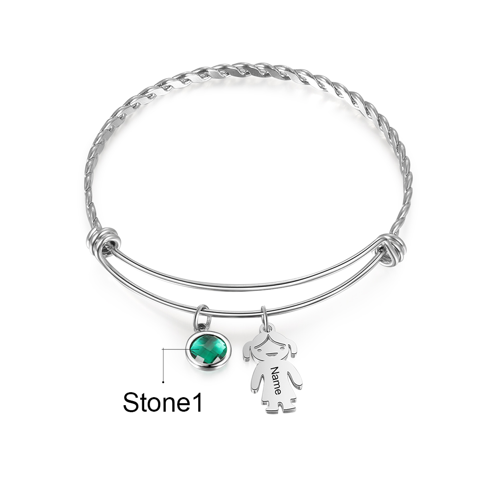 Mother's Day Personalised Kid Charms Bangle Bracelet With Names Customised 1 Birthstone Gift For Women-Jessemade AU