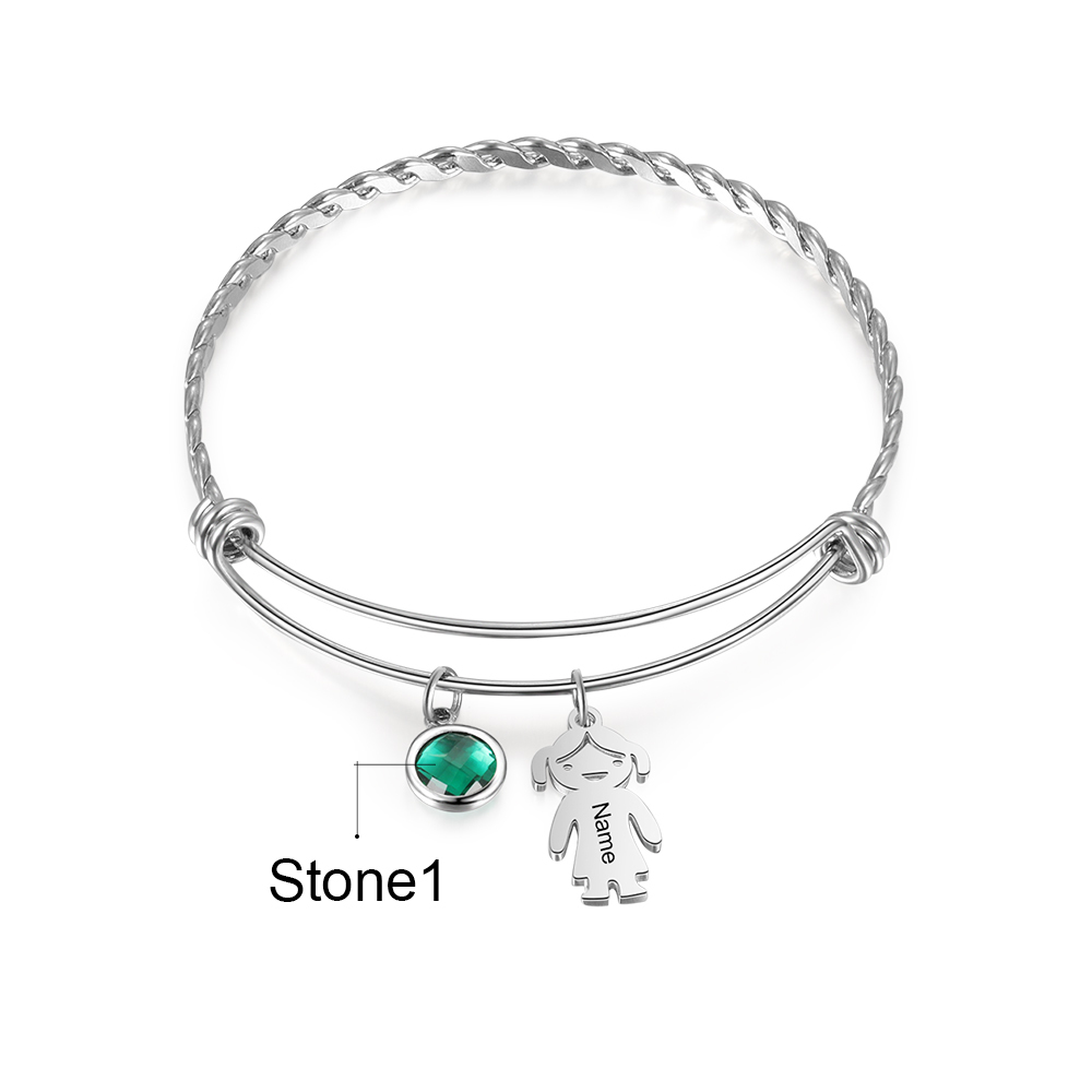Mother's Day Personalised Kid Charms Bangle Bracelet With Names Customised 1 Birthstone Gift For Women-Jessemade AU