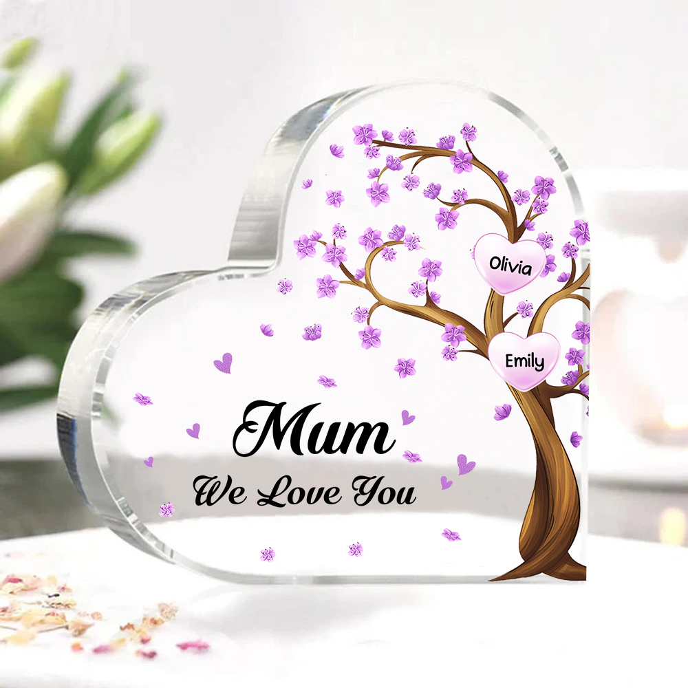 2 Names - Personalised Acrylic Heart Keepsake Custom Text Purple Flowers Tree Ornaments Gifts for Grandma/Mother-Jessemade AU