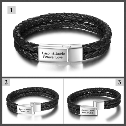 Men Leather Bracelet Engraved Bar Name Bracelet Valentine's Day Gift For Him-Jessemade AU