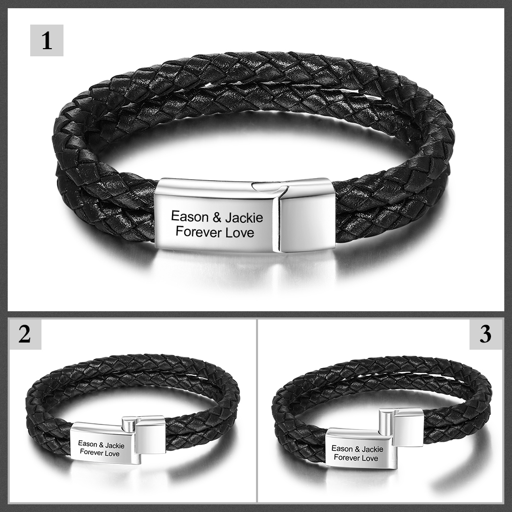 Men Leather Bracelet Engraved Bar Silver and Gold-Jessemade AU