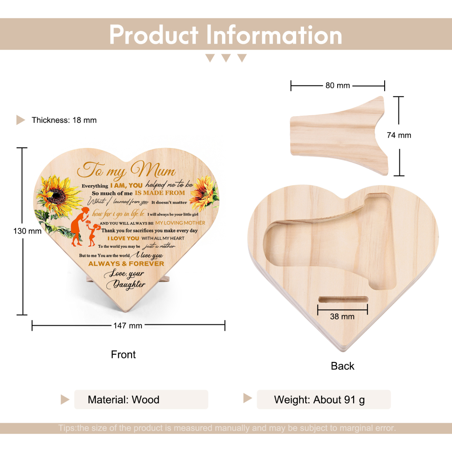 To My Mum "I Love You ALWAYS & FOREVER" Wooden Flowers Heart Keepsake Desktop Ornament-Jessemade AU