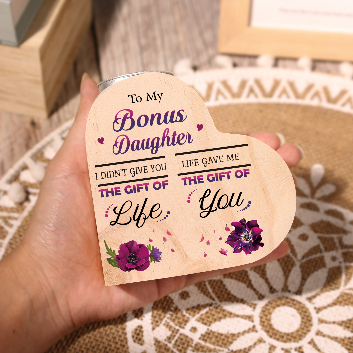 To My Bonus Daughter Christmas Gift Set with Violet Flower Heart Candle Holder Mug "Life Gave Me The Gift of You" Candlestick