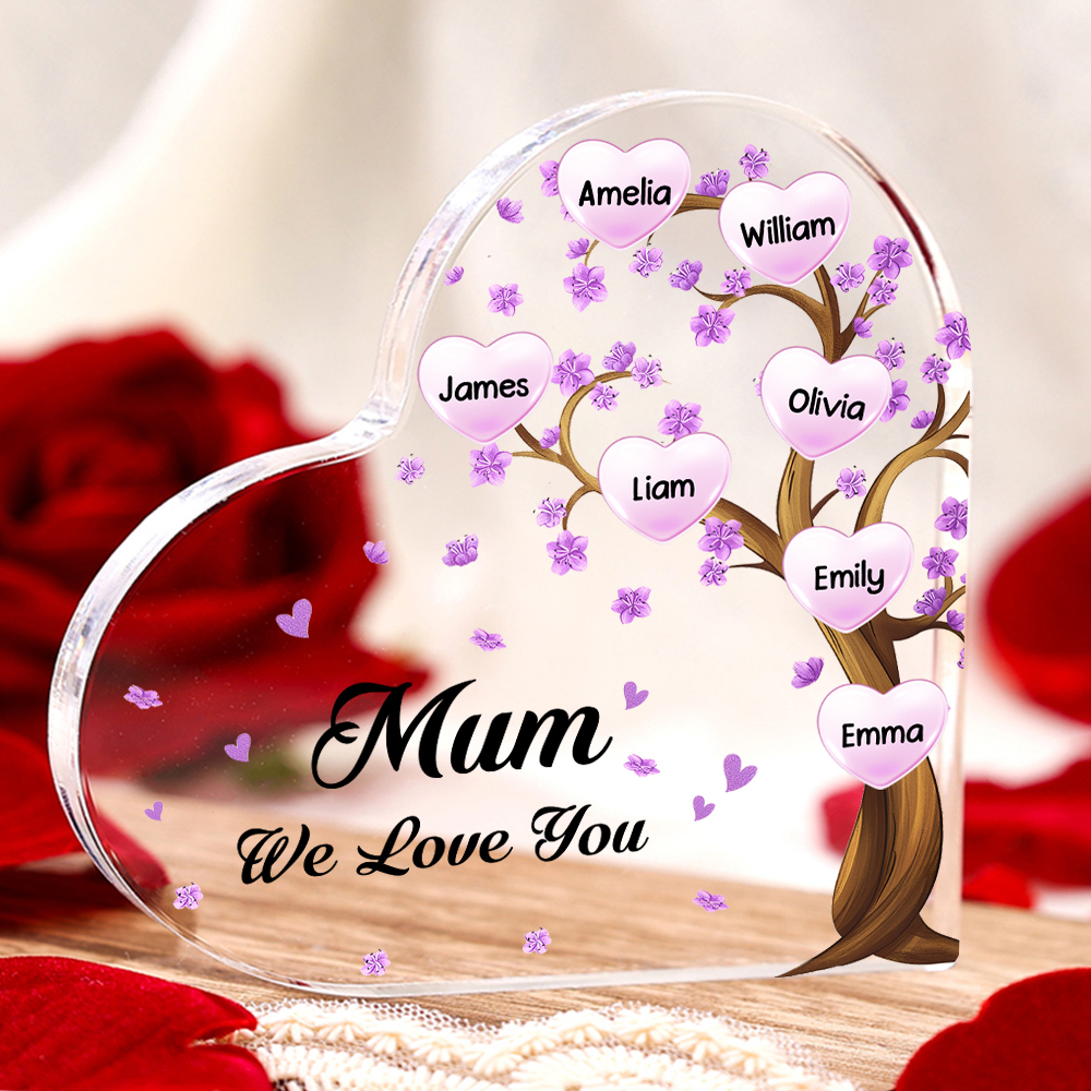 7 Names - Personalised Acrylic Heart Keepsake Custom Text Purple Flowers Tree Ornaments Gifts for Grandma/Mother-Jessemade AU