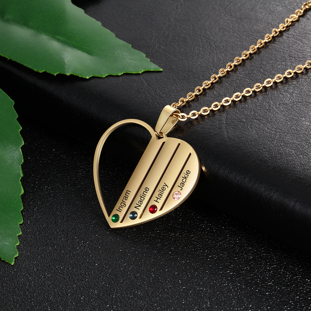 Personalised Heart Necklace With 4 Birthstones Engraved Names Gift For Her-Jessemade AU