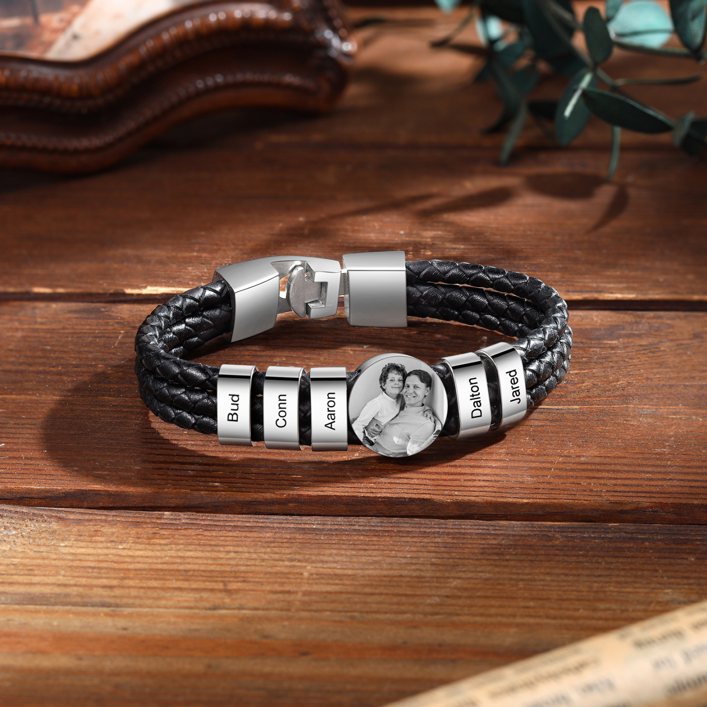 Personalised Men's Leather Bracelet Custom 5 Names & 1 Photo Braided Bracelet Father's Day Gifts for Him-Jessemade AU