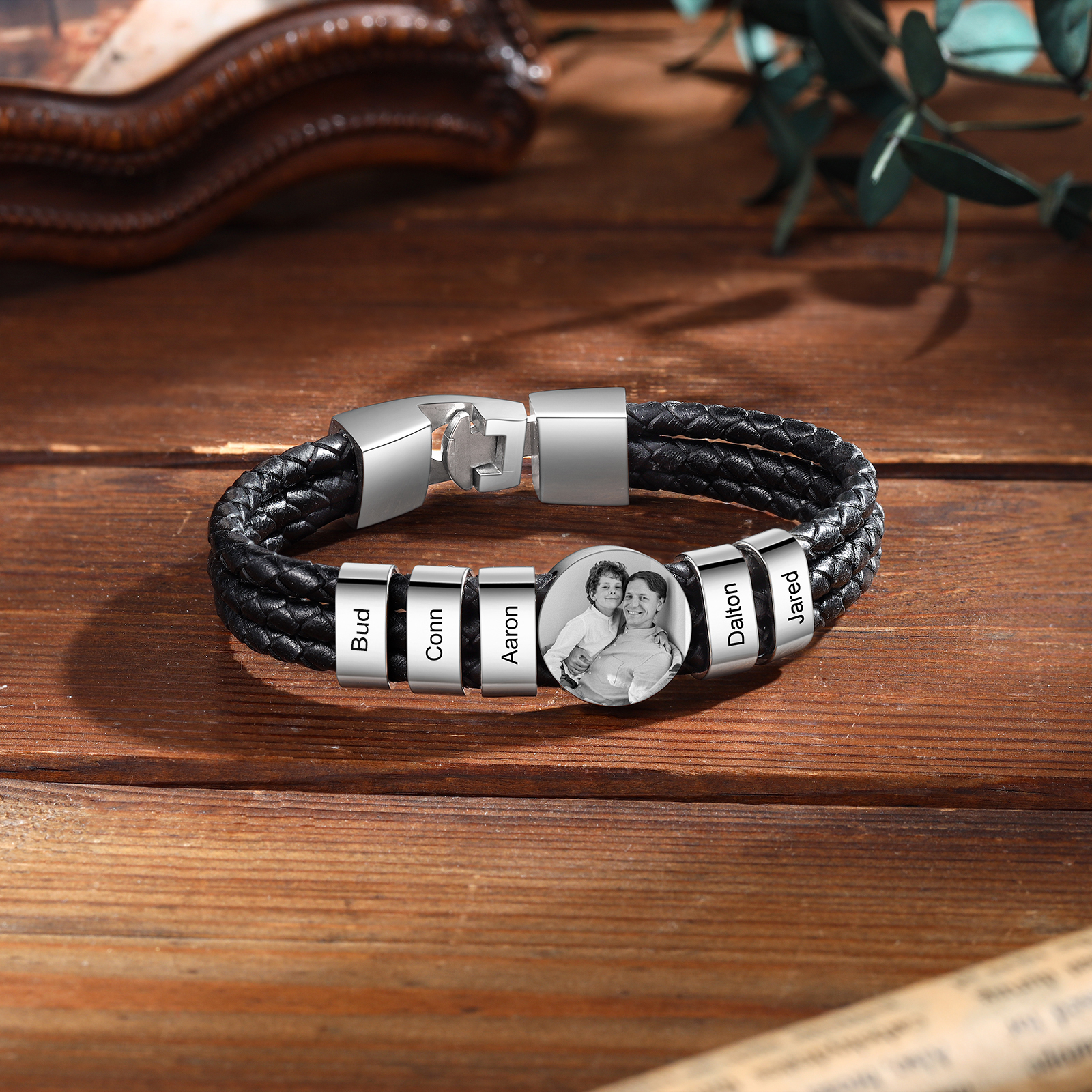 Personalised Men's Leather Bracelet Custom 5 Names & 1 Photo Braided Bracelet Father's Day Gifts for Him-Jessemade AU