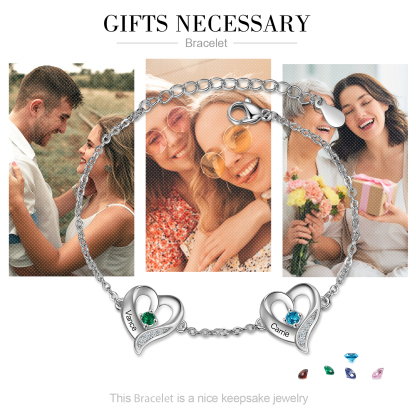 2 Names - Personalised Heart Bracelet Gift Set With Gift Box Custom Name & Birthstone Bracelet Gift For Her-Jessemade AU
