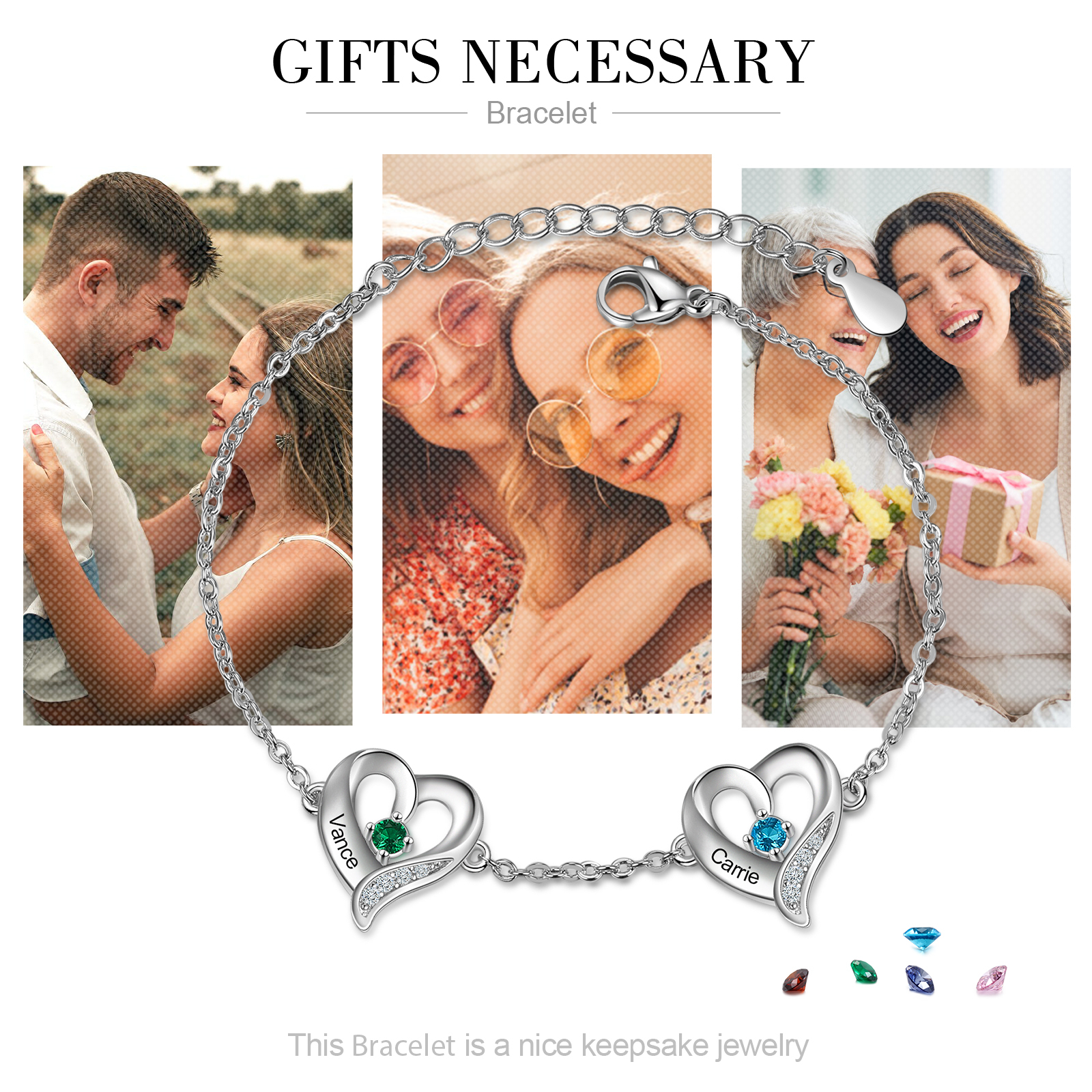 Personalised Heart Bracelet With 2 Birthstones Engraved Names Necklace For Her-Jessemade AU