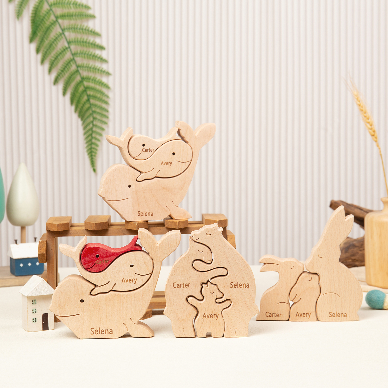 Personalised Wooden Animal Puzzle Custom 2 Names Puzzle Bear Hedgehog Elephant Hug Ornament Gifts for Family Couple-Jessemade AU